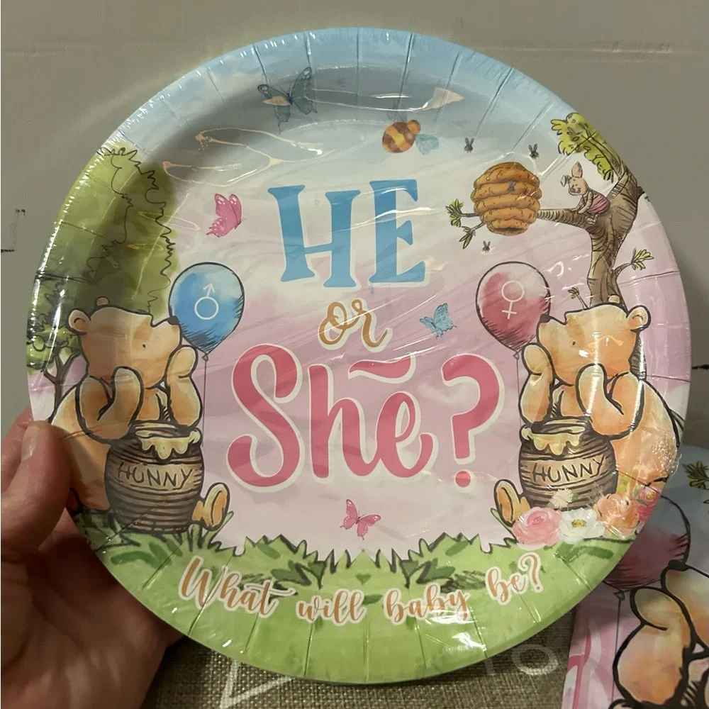 Winnie The Pooh Gender Reveal Party Paper Plates & Table Cover - Pink & Blue